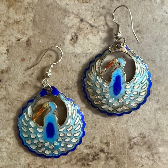 LAUREL BURCH vintage, rare enamel peacock Cloisonné earrings, vtg c1970s - Picture 6 of 7